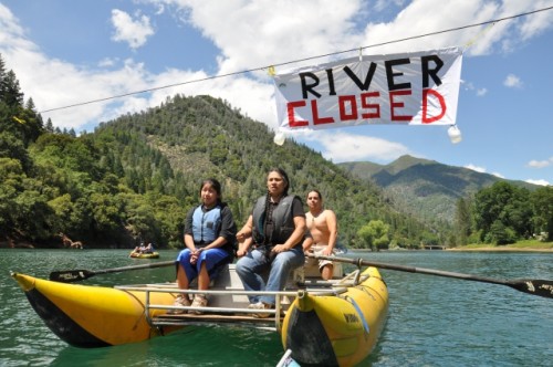 Winnemem Wintu Tribe members blockading the river.