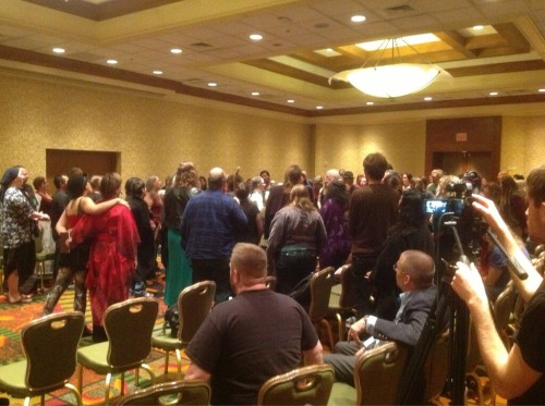 T. Thorn Coyle singing out the end of her presentation with Lon Milo Duquette.