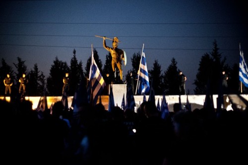 Golden Dawn rally at Thermopylae, congregating around a statue of King Leonidas of Sparta