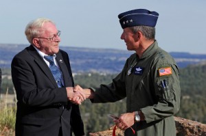 Rev. Dr. David Oringderff speaks with Lt. Gen. Mike Gould during a dedication ceremony for the Air Force Academy Cadet Chapel Falcon Circle May 3, 2011. Oringderff is the executive director of the Sacred Well Congregation and represented the Earth-Centered Spirituality community during a religious respect conference at the Academy in November 2010. Gould is the Academy superintendent. (U.S. Air Force photo/Mike Kaplan)