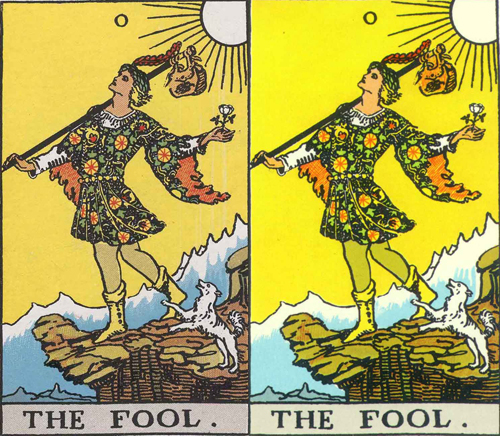 1909 original (left) and 1971 revisions (right) of the Rider-Waite tarot.