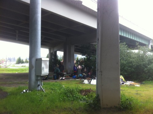 Campers under the bridge where they were arrested