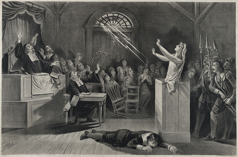 1892 Lithograph depicting a somewhat exaggerated presentation of the Salem Witch Trials.