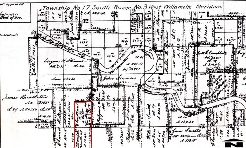 1860 Donation Land Claim map, illustrating a sharp river meander. The Daniel Christian land claim is outlined in red.