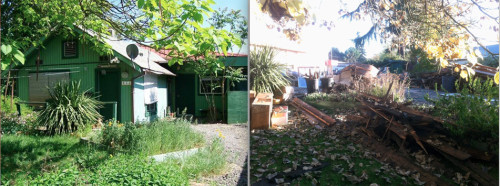 This bungalow (left), built in 1930 at the edge of the natural floodplain and lacking a foundation, was put up for sale last spring and then demolished last month (right) when a cash buyer could not be found.