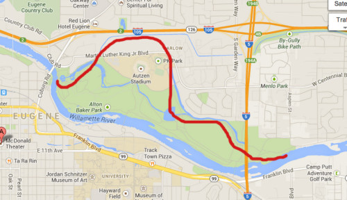 Current map of downtown Eugene and the Willamette River. The red line indicates the location of the river channel prior to 1890.