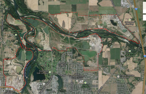 Confluence of the Willamette and McKenzie rivers. Gravel mining operations are outlined in red.