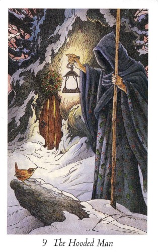 The Hooded Man, from the Wildwood Tarot. Deck by Mark Ryan and John Matthews. Art by Wil Worthington.