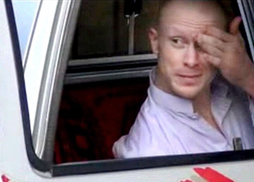 Screen capture from video released by Taliban showing Sgt. Bergdahl being released to US Special Forces