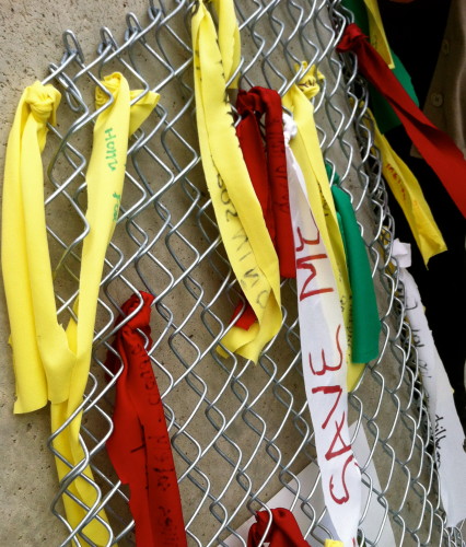 Fence with prayer ribbons [Courtesy T. Thorn Coyle]