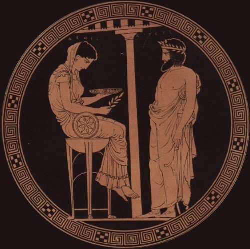 Aegeus receiving the oracle of Delphi painted on a kylix,  440 BCE. [Antikensammlung, Staatliche Museen zu Berlin]