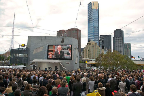 Kevin Rudd on screen in Federation Square, Melbourne [Photo Credit: virginiam via Flickr CC BY-SA 2.0]