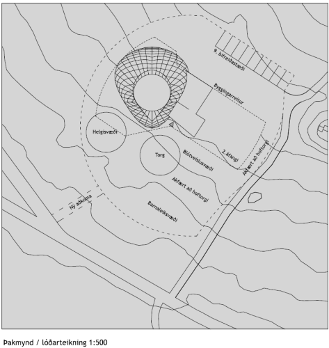 A diagram of the temple complex, including a ritual area (Blótveislusvæði), a playground (Barnaleiksvæði) and a footpath leading to the beach. Image courtesy of Magnús Jensson.