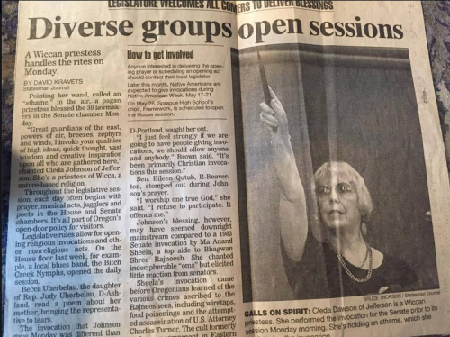 Cleda Dawson leads an invocation at the Oregon State Senate, The Stateman Journal, May 10th, 1999 [credit Tigris, facebook]