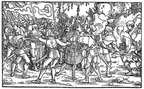 Peasants surround a knight during the Peasants' War. Illustration circa 1539. [Public Domain]