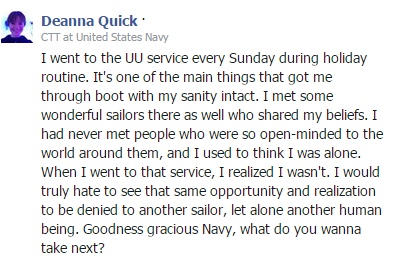 Comment from the Navy Times article "Cancelled services at Navy boot camp spark outrage"