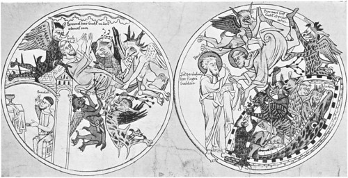 St. Guthlac and a bunch of demons.  From the 13th century Guthlac Scroll, housed in the British Library.