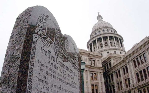 Ten Commandments Monument by Texas State Capitol, identical to the Oklahoma monument. [Photo Credit: Kevin via Wikimedia]