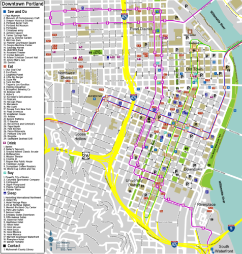 The west side of Portland, divided by the 405 in yellow.