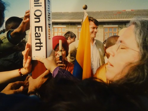 Rev. Selena Fox and others plant a Peace Pole at the Cape Town Parliament 1999 [Courtesy Photo]
