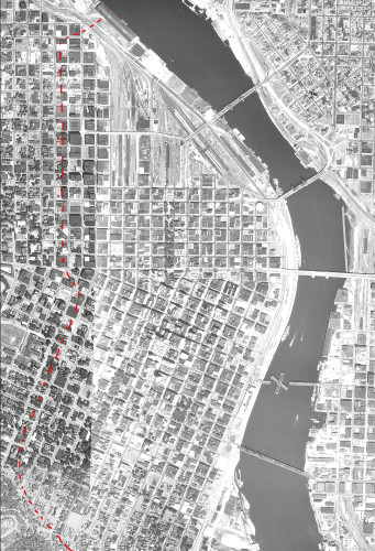 Aerial photo of Portland, circa 1955. The red dashes indicate where I-405 would be built a decade later.