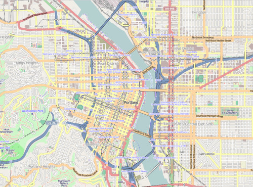 I-405 on the left and I-5 on the right in blue, forming a loop through and around Portland. Image by OpenStreetMap