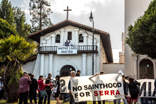 Demonstration at Mission Dolores, San Francisco, May 2 2015 [Photo Credit: Alex Darocy]