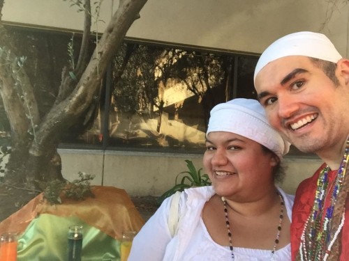 Florez and Odinsdottir at the interfaith service outside the courthouse. Altar is in the background. [Photo from Florez]