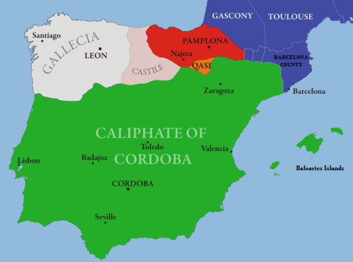 Al-Andalus and the surrounding Christian kingdoms, circa 1000 AD. Public Domain.