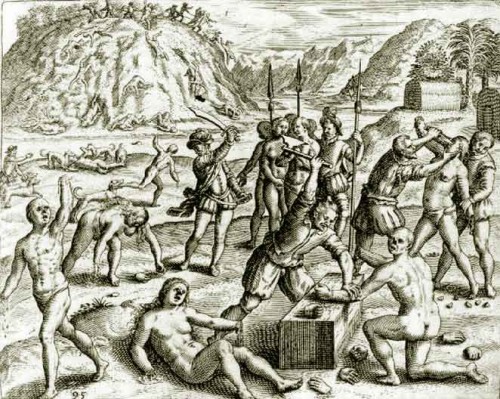 Illustration of Columbus' men massacring the Taino. Public Domain.