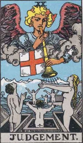 Judgement (XX), Rider Waite deck. Public Domain.