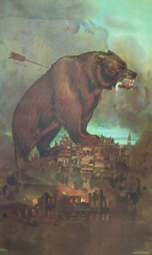 Wounded Bear of California Atop Burning San Francisco, 1907.