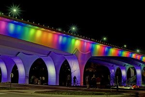 Anthony Falls Bridge lit up June 12 2016 [From Tweet by @derekjohnson]