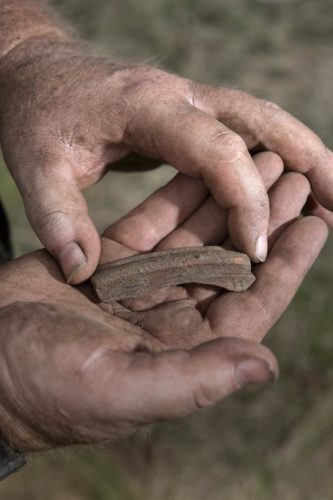 Photograph by Emily Whitfield-Wicks. Tintagel Castle Archeology dig. Ryan Smith (Trench Supervisor) holding a phocaean red slip water from Western Turckey.