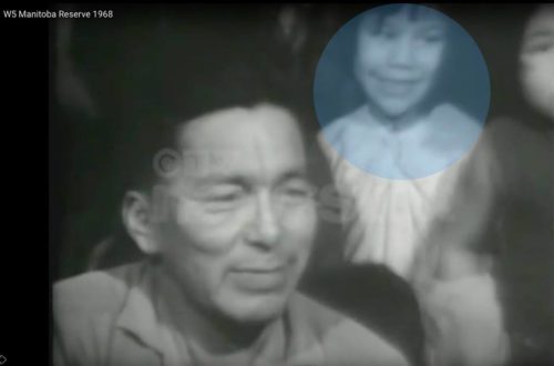 Sam Mann, father of Alma Kakikepinace, and six-year-old Alma (screen grab from W5 expose, 1968)