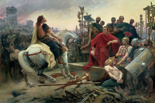 vercingetorix caesar throws down his arms at the feet of celt celtic painting illustration