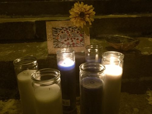 Candles and a smudge bowl at the vigil in Winnipeg (photo by D.G McKay)