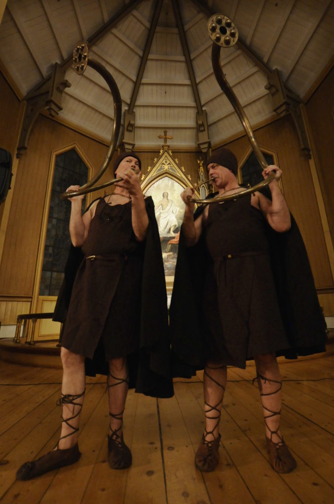 Jens Christian Kloster and Gaute Vikdal in Bronze-Age garb at Tromsø's protestant Cathedral [Photo Credit: Lyonel Perabo, 2017]