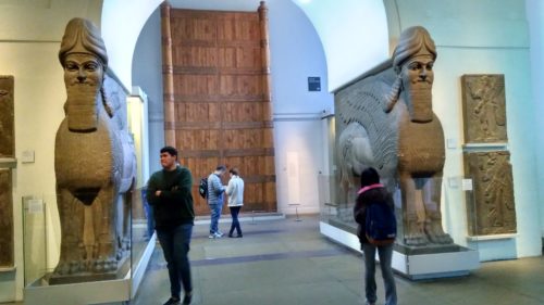 Assyrian lamassu guardians at the British Museum. [Photo by E. Scott.]