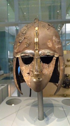 The Sutton Hoo helmet in its case at the British Museum. [Photo by E. Scott.]