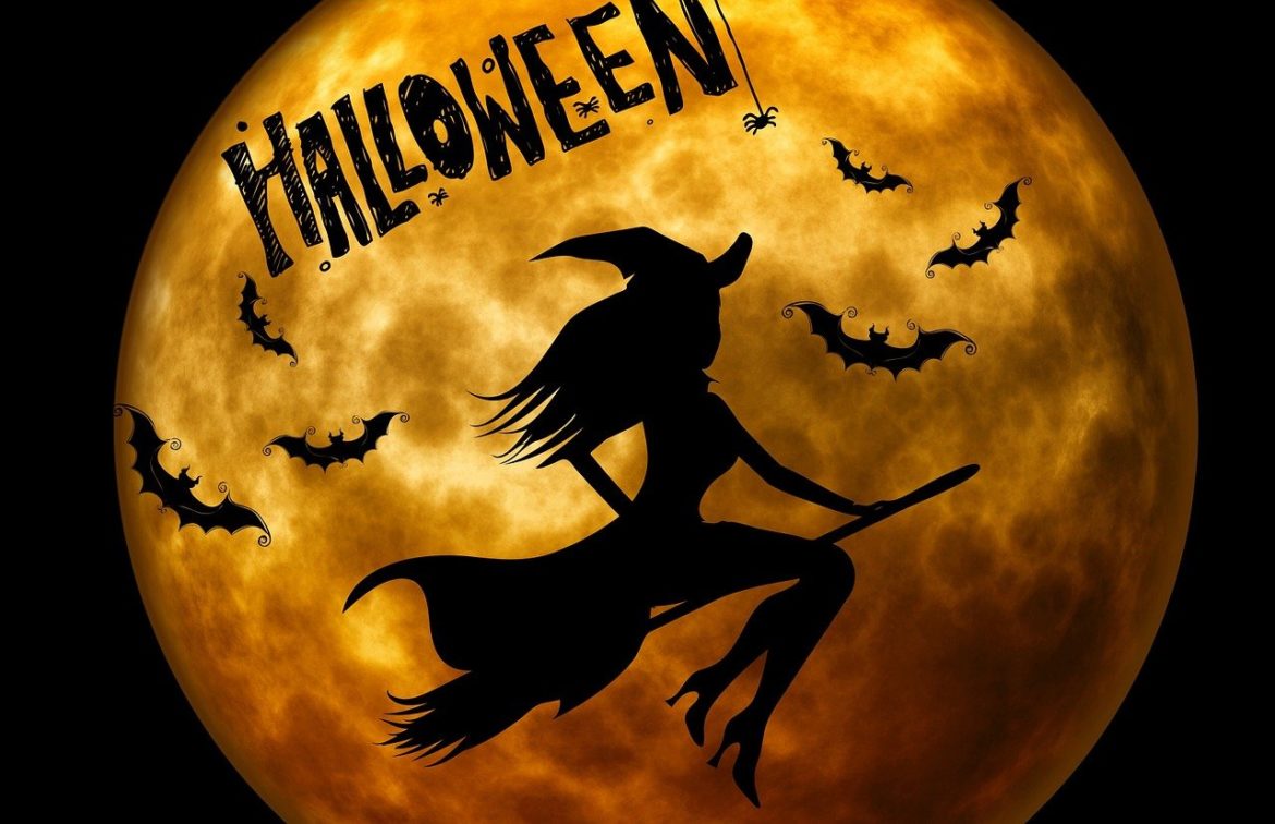 The silhouette of a witch over the harvest moon, with the word "Halloween" above.
