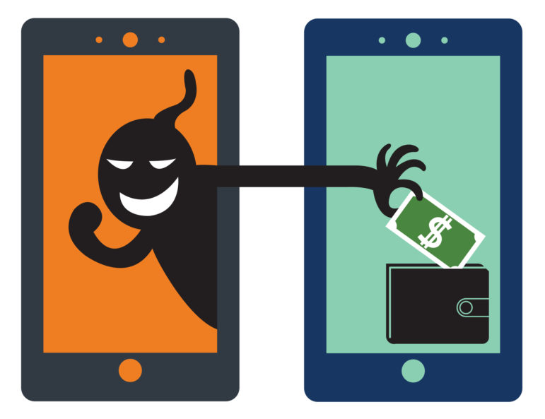 A masked figure on the display of one cell phone is reaching across to the display of another cell phone, lifting money out of a wallet on that screen.