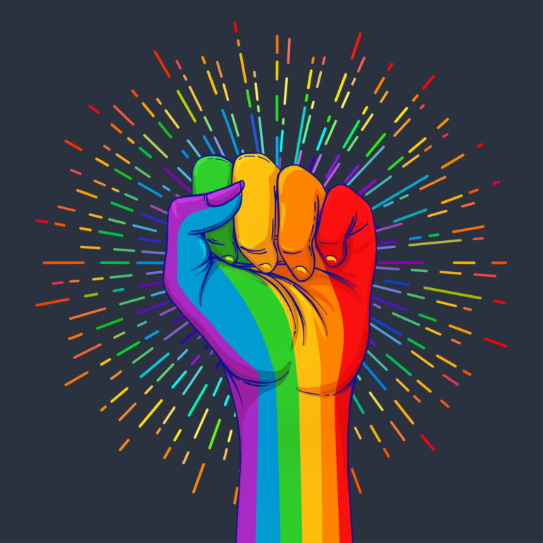 Rainbow colored hand with a fist raised up.