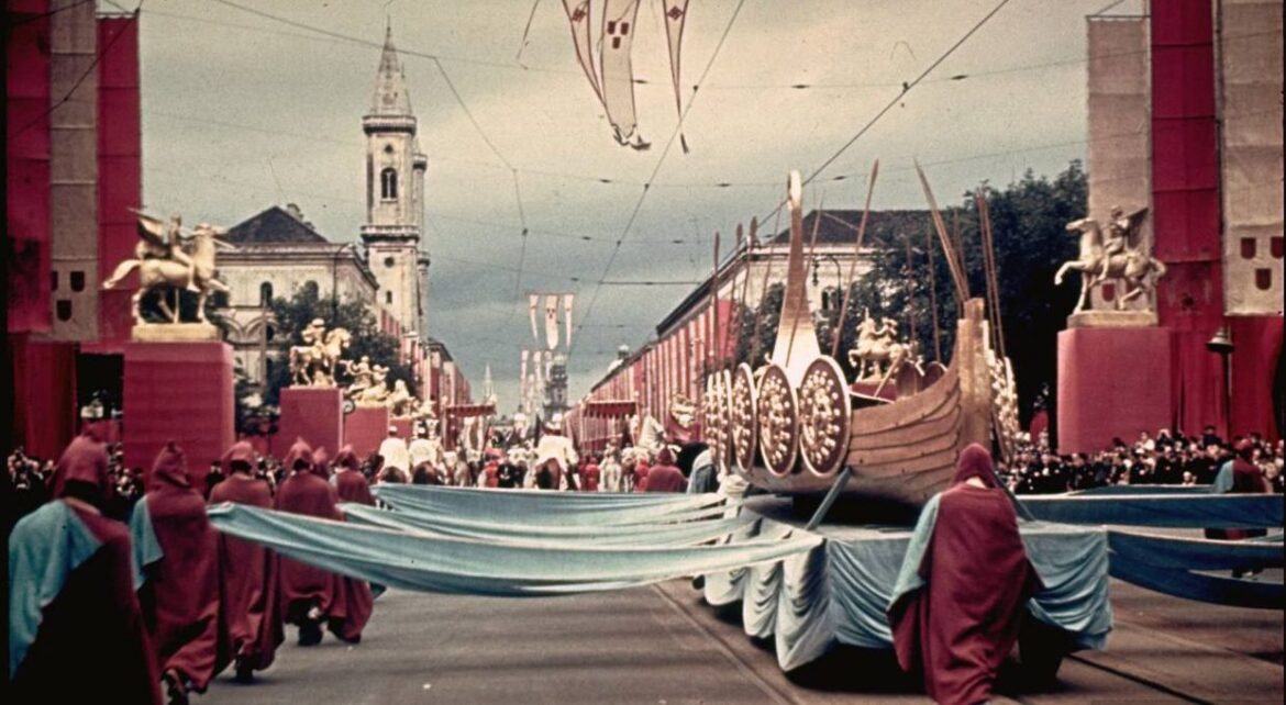 Screenshot of footage taken of the Nazi propaganda procession during Tag der Deutschen Kunst ('Day of German Art') held in Munich, Germany on 14-16 July, 1939, a celebration that opened the annual Great German Art Exhibition.
